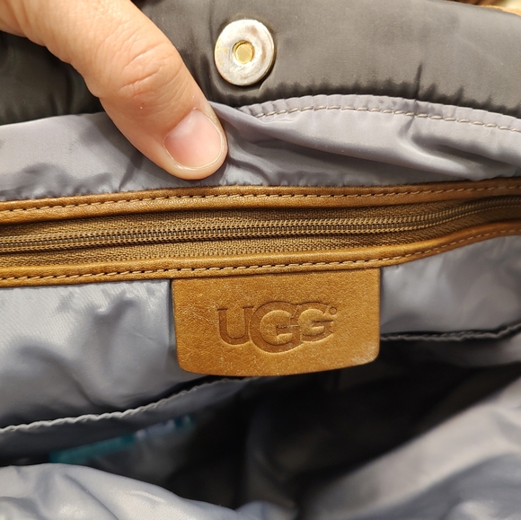 🤗 Vintage GUC UGG Brand Australia Puffer Tote w/Leather Handles, Charcoal/Tan - Picture 9 of 11